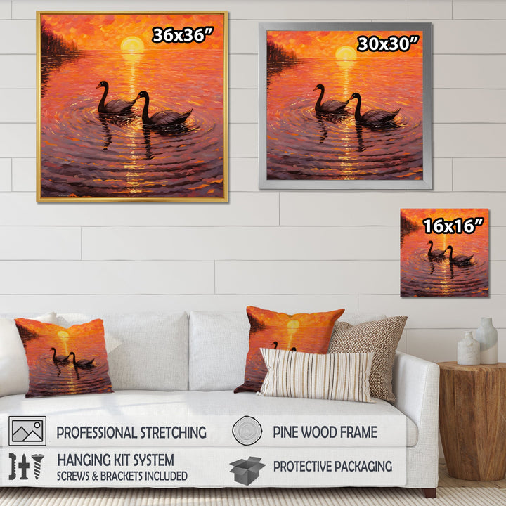 Swans In Love Romantic Sunset - Swans Canvas Wall Art