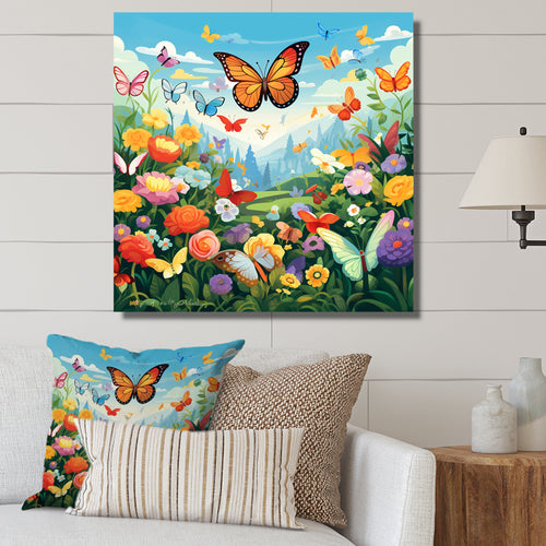 Orange Monarch Butterfly Idyllic Flower field - Butterfly Canvas Wall Art