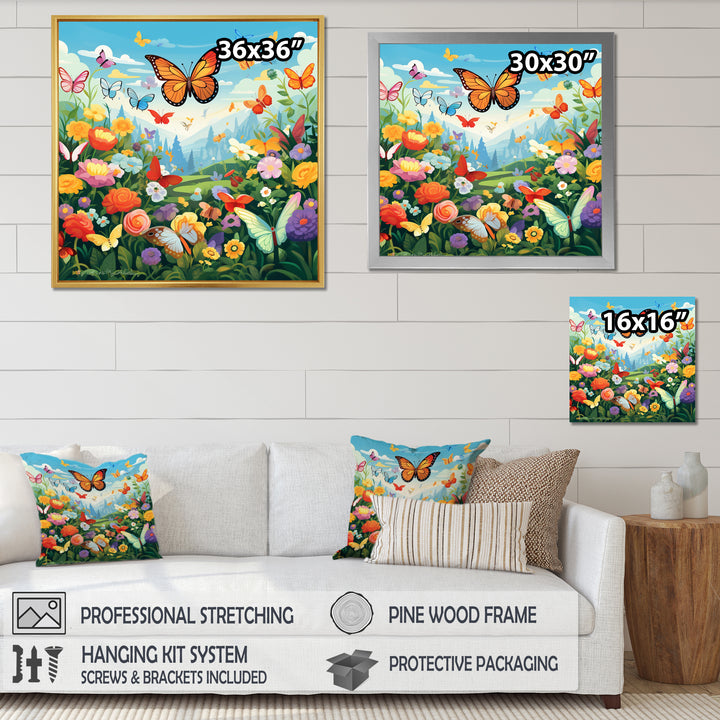 Orange Monarch Butterfly Idyllic Flower field - Butterfly Canvas Wall Art