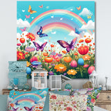 Purple Butterflies Idyllic Rainbow Flower field - Butterfly Canvas Wall Art
