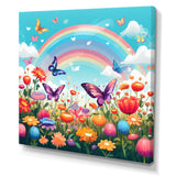 Purple Butterflies Idyllic Rainbow Flower field - Butterfly Canvas Wall Art