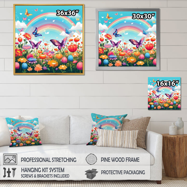 Purple Butterflies Idyllic Rainbow Flower field - Butterfly Canvas Wall Art