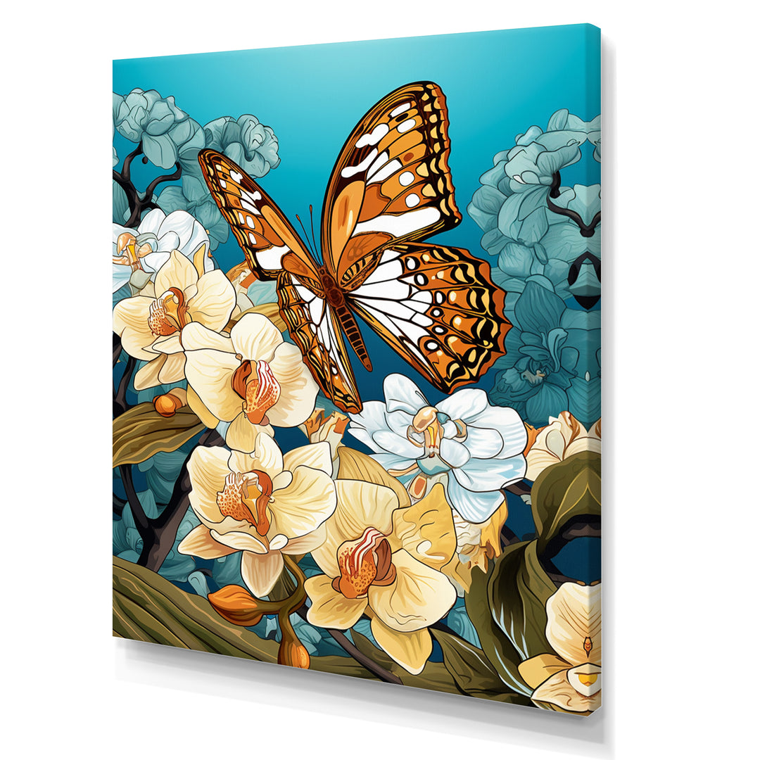 Gracious Brown Butterfly On Orchids Retro - Butterfly Wall Decor