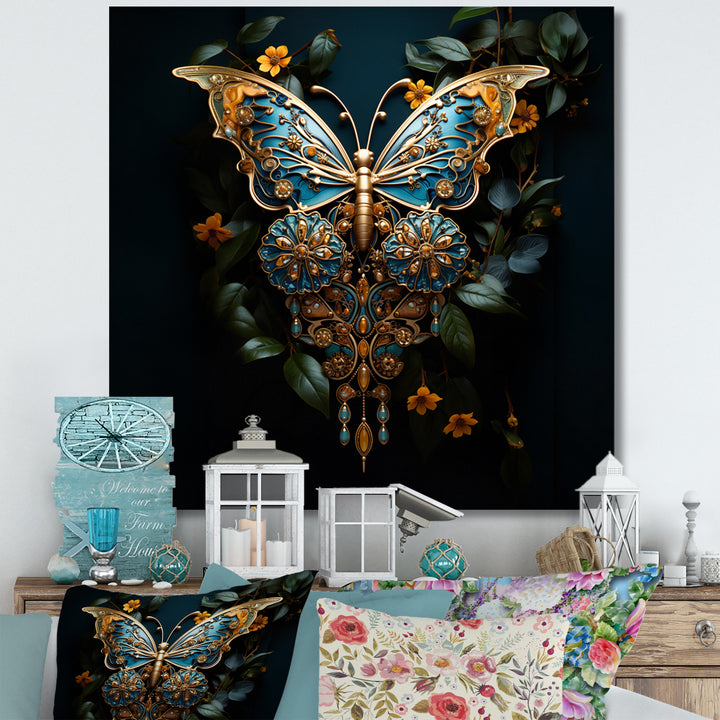 Futuristic Amber And Teal Butterfly - Butterfly Large Canvas Wall Art