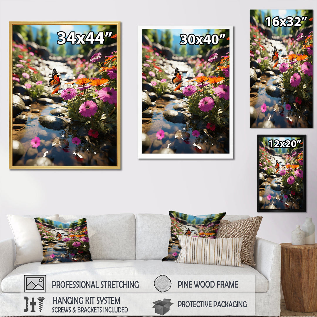 Orange Monarch Butterfly Flowerful Stream - Butterfly Home Decor Art