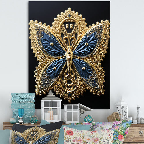 Retro Depiction Of Gold And Blue Butterfly - Butterfly Wall Decor