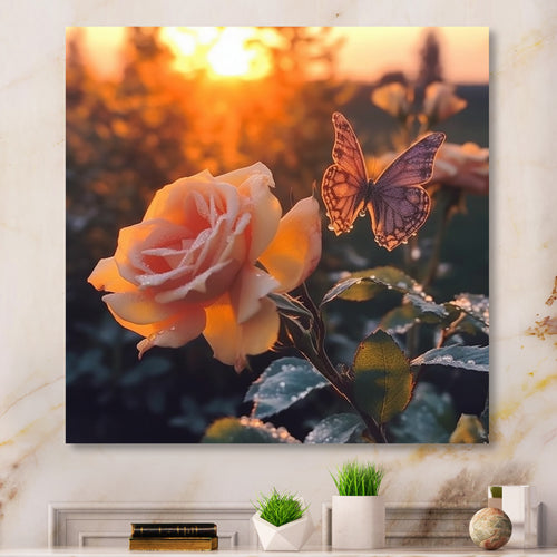 Butterfly On Pink Rose During Sunrise - Butterfly Wall Decor