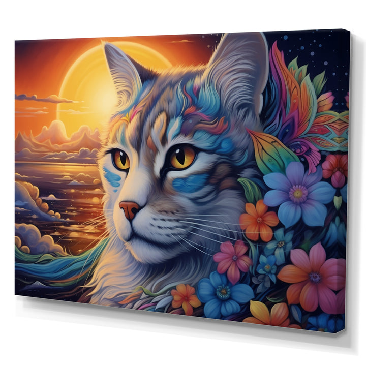 Glorious Cat With Rainbows Flower At Sunset - Cat Canvas Wall Art