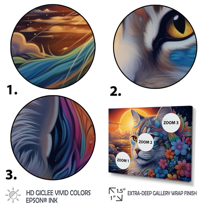 Glorious Cat With Rainbows Flower At Sunset - Cat Canvas Wall Art