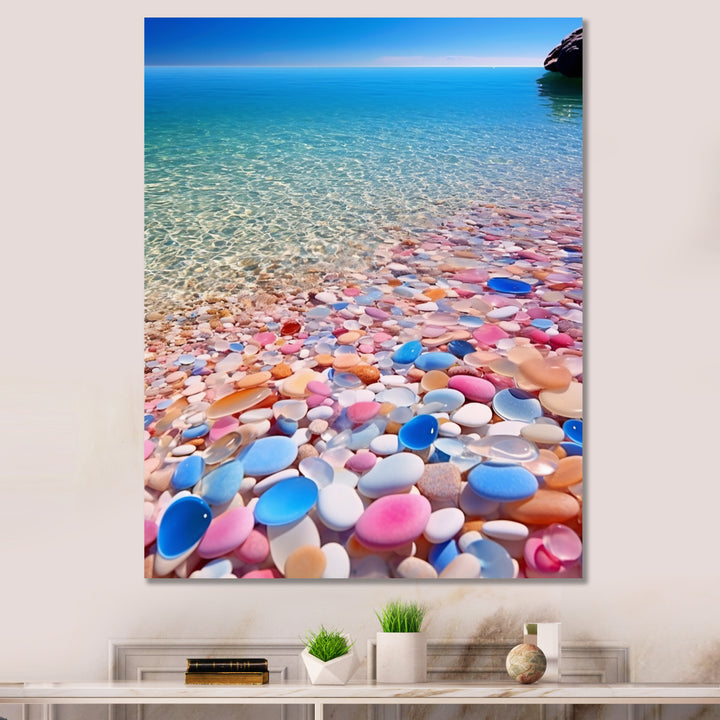 Turquoise Pink Pebbles On Paradise Ocean Beach - Red Cat Wall Art