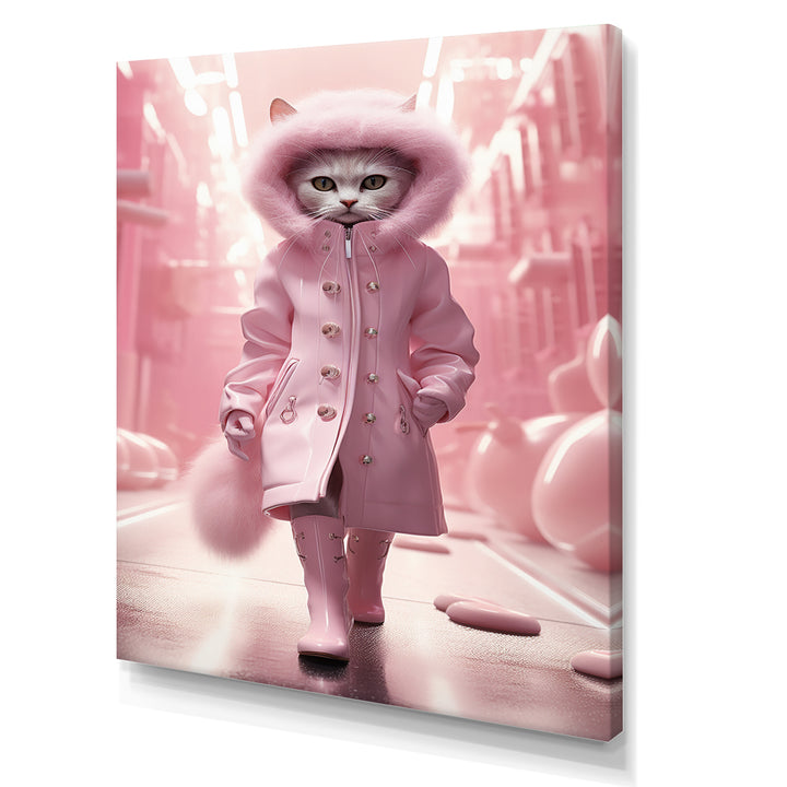 White Fashionista Cat In Pink Coat - Pink Cat Wall Art