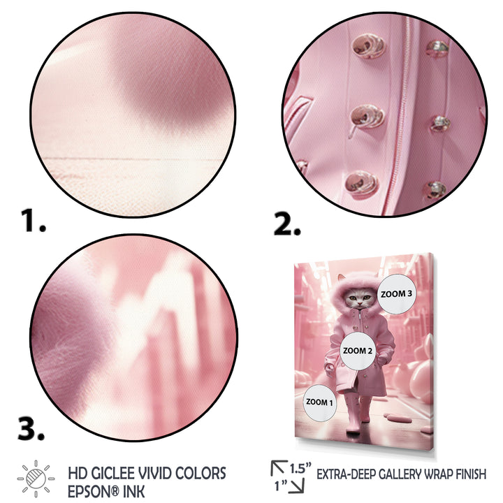 White Fashionista Cat In Pink Coat - Pink Cat Wall Art