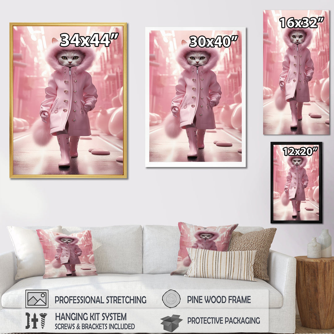 White Fashionista Cat In Pink Coat - Pink Cat Wall Art