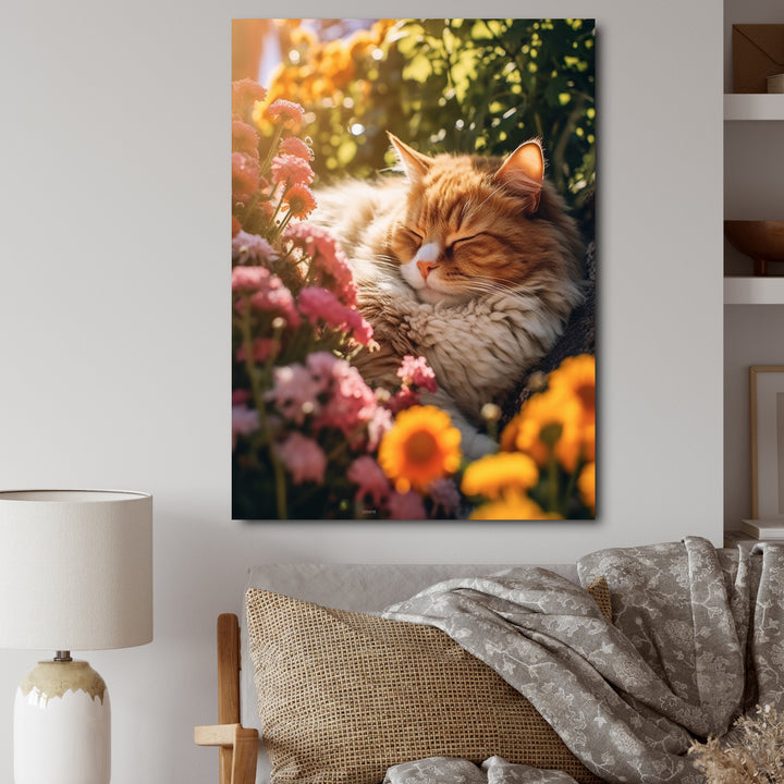 Fluffy Cat Sleeping Sunny Flower Garden - Cat Framed Canvas Art