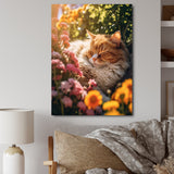 Fluffy Cat Sleeping Sunny Flower Garden - Cat Framed Canvas Art