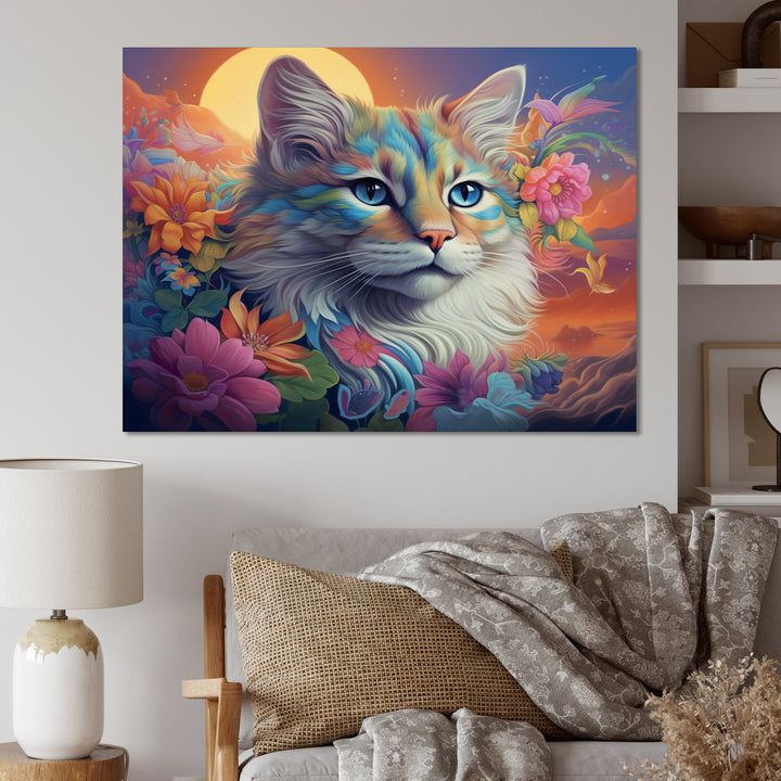 Psychedelic Rainbow Cat With Full Moon Flowers - Cat Home Decor Art