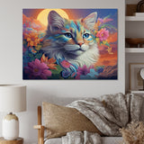 Psychedelic Rainbow Cat With Full Moon Flowers - Cat Home Decor Art