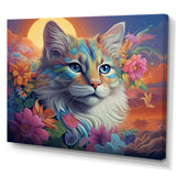 Psychedelic Rainbow Cat With Full Moon Flowers - Cat Home Decor Art