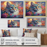 Psychedelic Rainbow Cat With Full Moon Flowers - Cat Home Decor Art