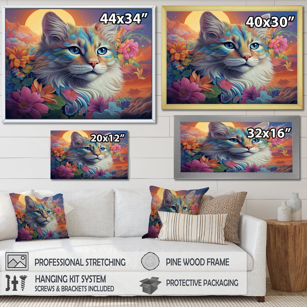Psychedelic Rainbow Cat With Full Moon Flowers - Cat Home Decor Art
