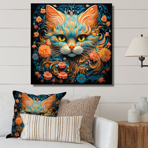 Magical Amber And Teal Cat With Flowers - Cat Living Room Wall Art