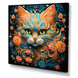 Magical Amber And Teal Cat With Flowers - Cat Living Room Wall Art