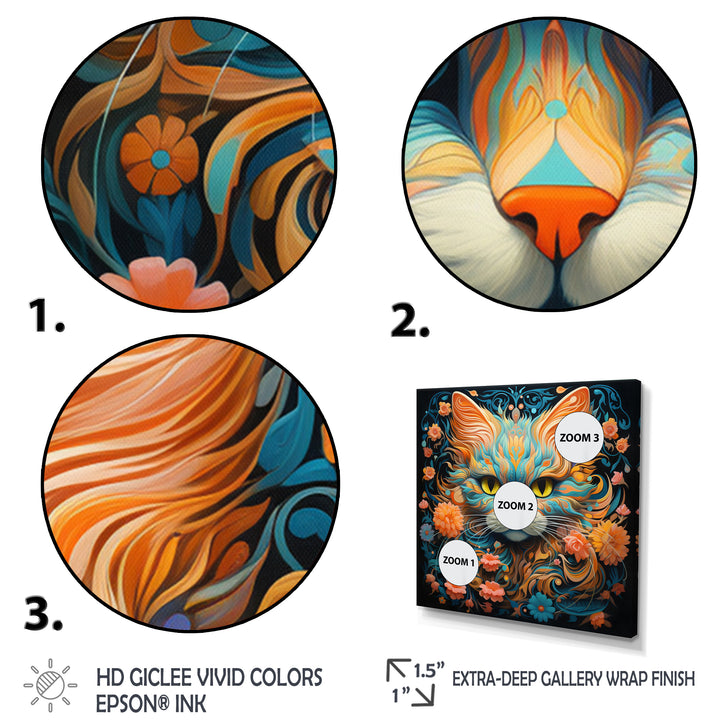 Magical Amber And Teal Cat With Flowers - Cat Living Room Wall Art