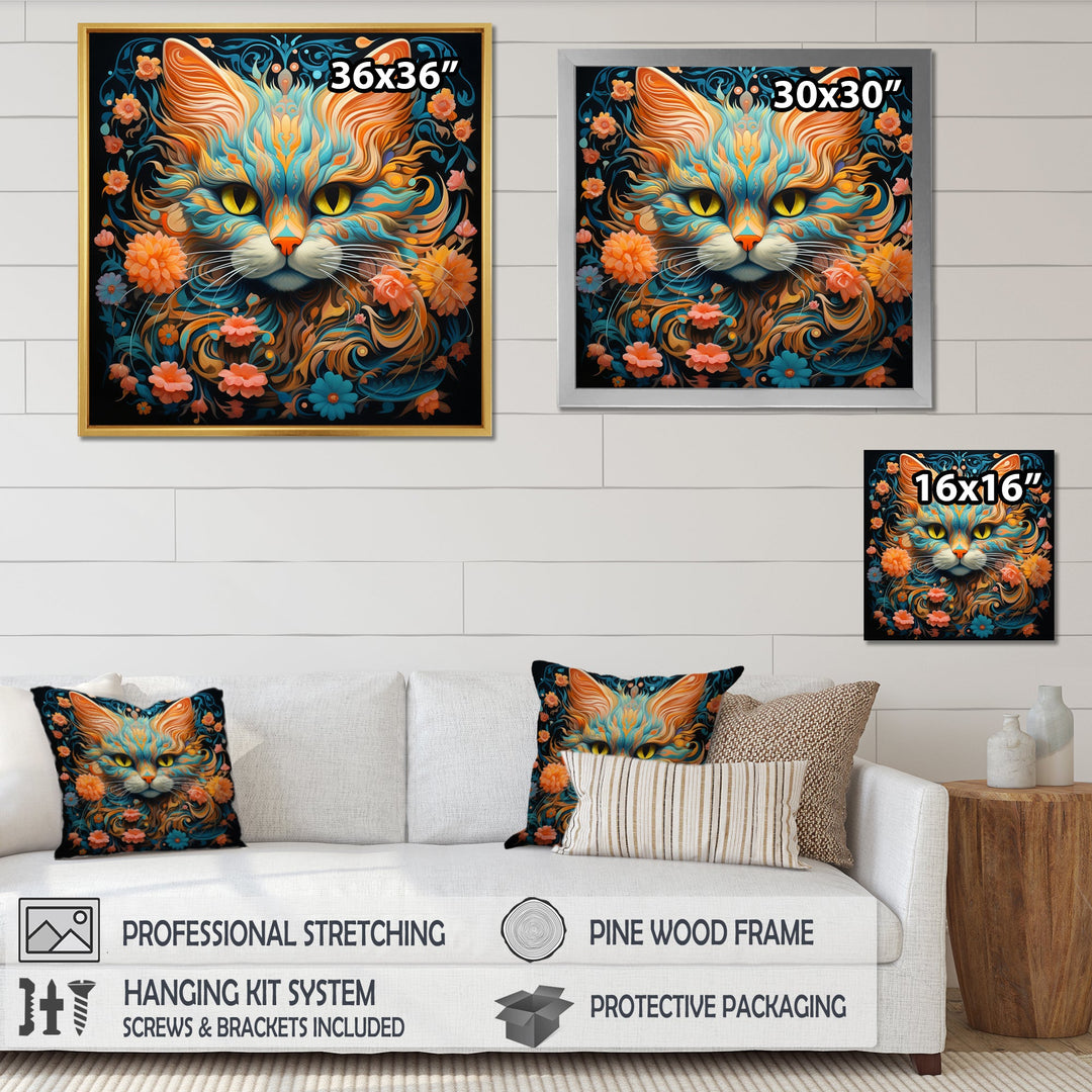 Magical Amber And Teal Cat With Flowers - Cat Living Room Wall Art