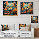 Magical Amber And Teal Cat With Flowers - Cat Living Room Wall Art