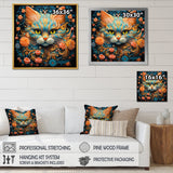 Magical Amber And Teal Cat With Flowers - Cat Living Room Wall Art