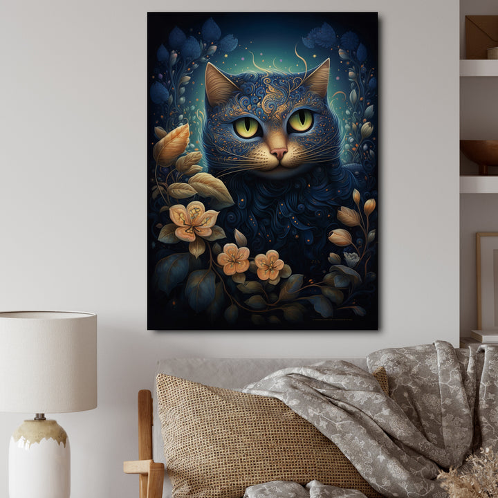 Retro Blue Cat Amidst Flowers - Cat Canvas Wall Art