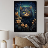 Retro Blue Cat Amidst Flowers - Cat Canvas Wall Art