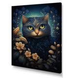 Retro Blue Cat Amidst Flowers - Cat Canvas Wall Art