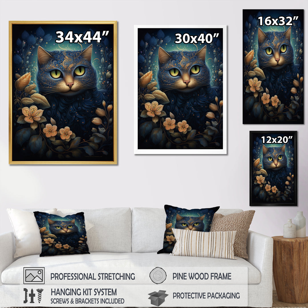 Retro Blue Cat Amidst Flowers - Cat Canvas Wall Art