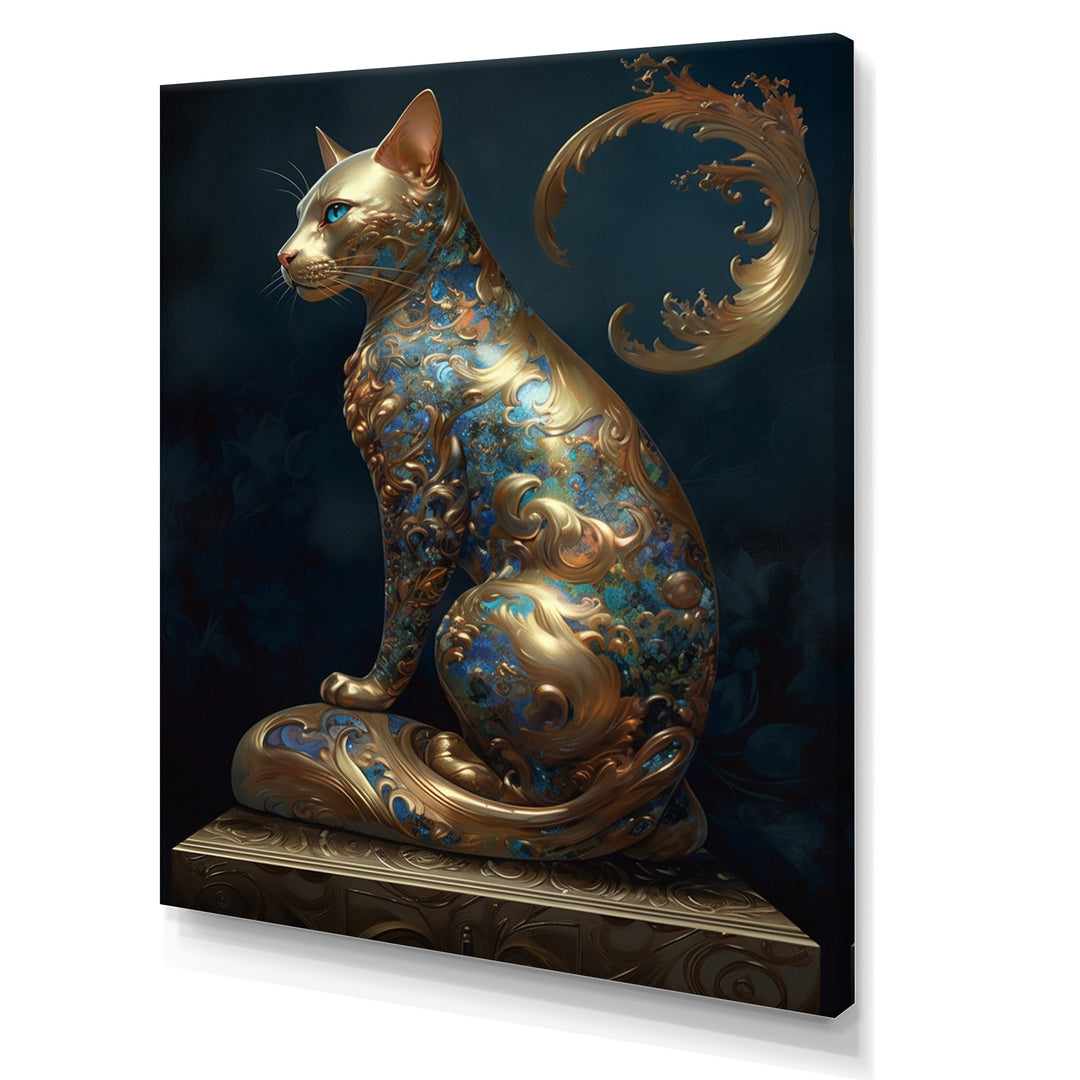 Glam Statue Of Teal And Gold Majestic Cat - Cat Wall Art Prints