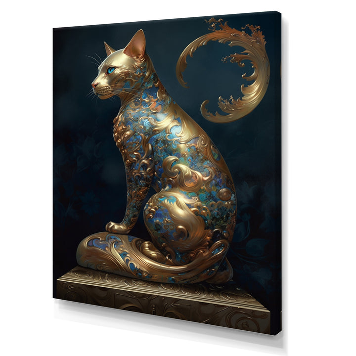 Glam Statue Of Teal And Gold Majestic Cat - Cat Wall Art Prints