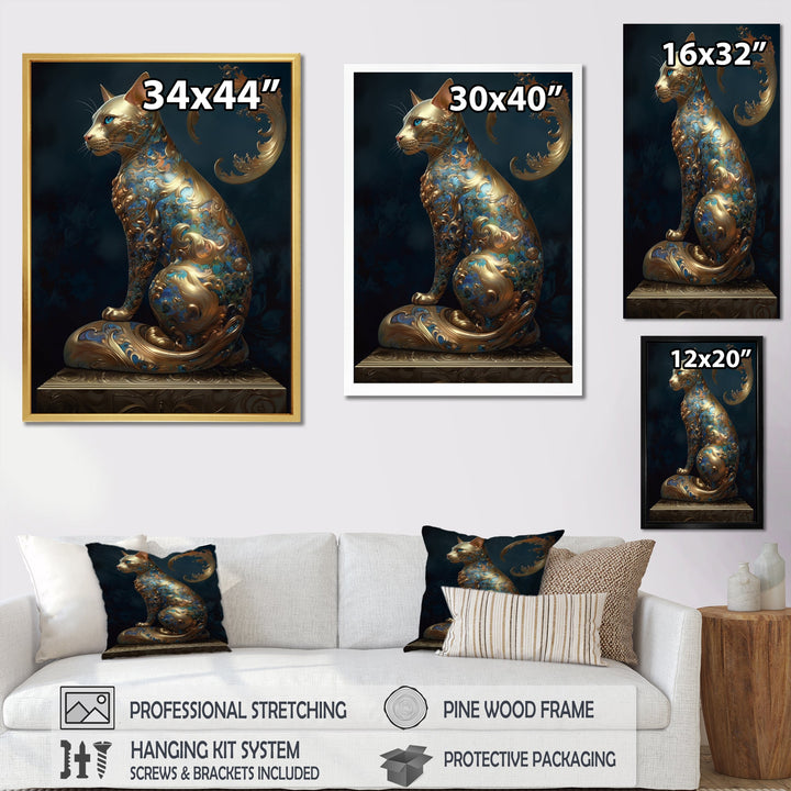 Glam Statue Of Teal And Gold Majestic Cat - Cat Wall Art Prints