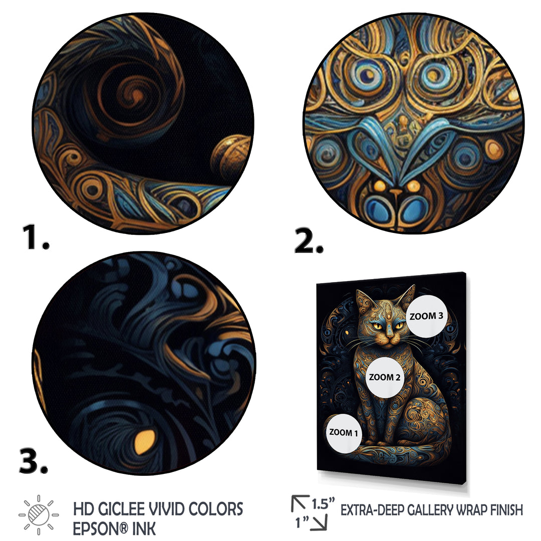 Blue Glamorous Retro Gold Cat - Blue Cat Wall Art
