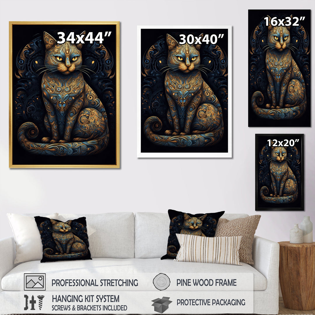 Blue Glamorous Retro Gold Cat - Blue Cat Wall Art