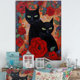 Two Black Cats With Red Roses Painting - Cat Canvas Wall Art