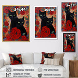 Two Black Cats With Red Roses Painting - Cat Canvas Wall Art