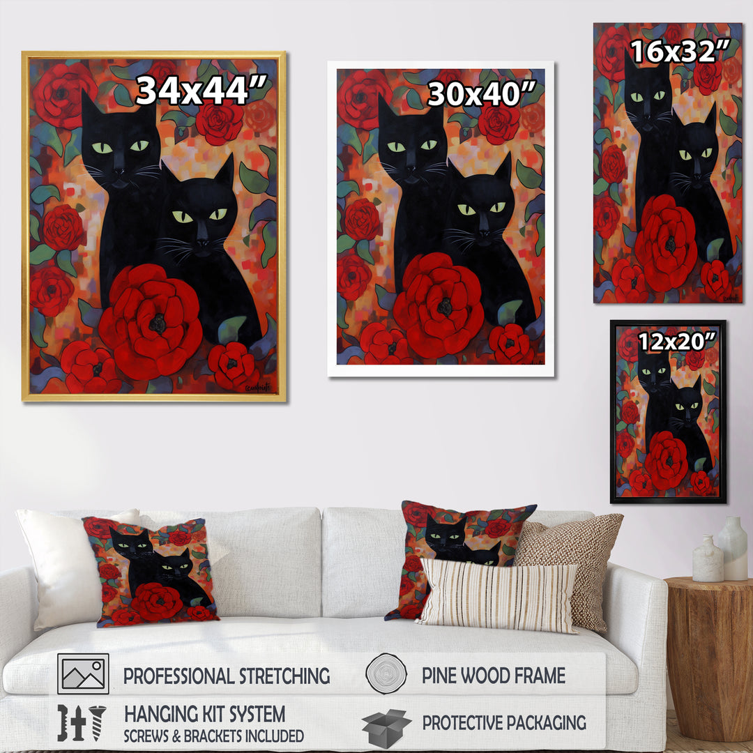 Two Black Cats With Red Roses Painting - Cat Canvas Wall Art