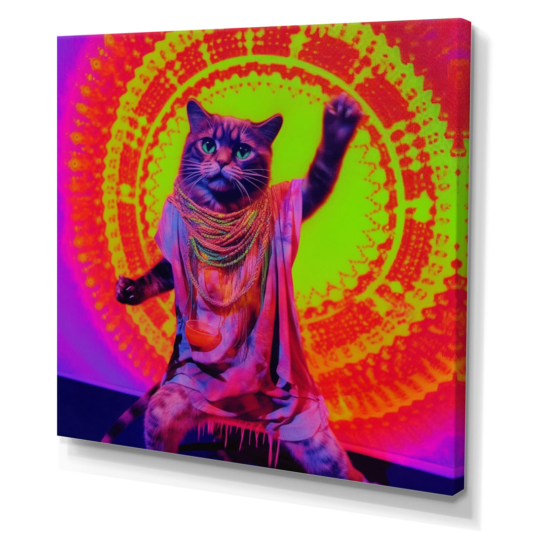 Rave Cat In Pink Neon - Cat Living Room Wall Art
