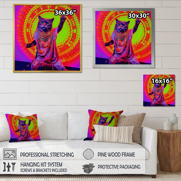 Rave Cat In Pink Neon - Cat Living Room Wall Art