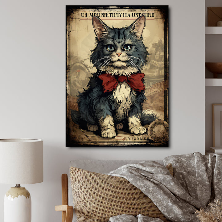 Cat With Red Bow Vintage Illustration - Cat Canvas Wall Art