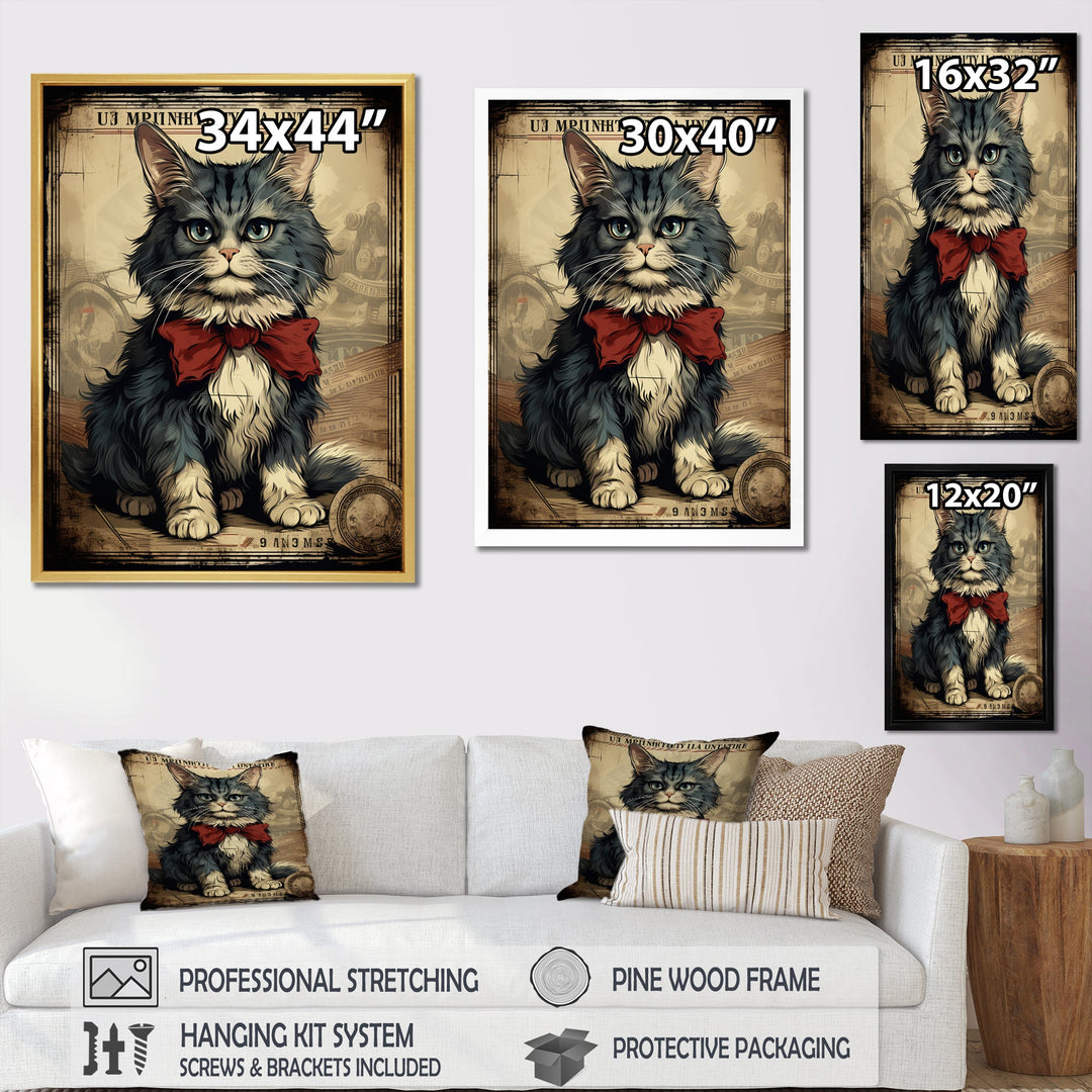 Cat With Red Bow Vintage Illustration - Cat Canvas Wall Art