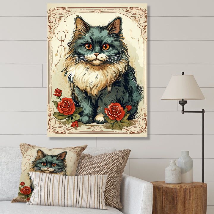 Blue Cat With Red Roses Vintage Illustration - Cat Canvas Wall Art