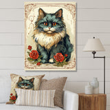 Blue Cat With Red Roses Vintage Illustration - Cat Canvas Wall Art