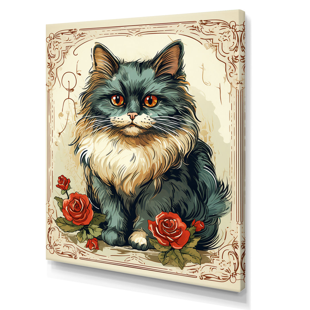 Blue Cat With Red Roses Vintage Illustration - Cat Canvas Wall Art