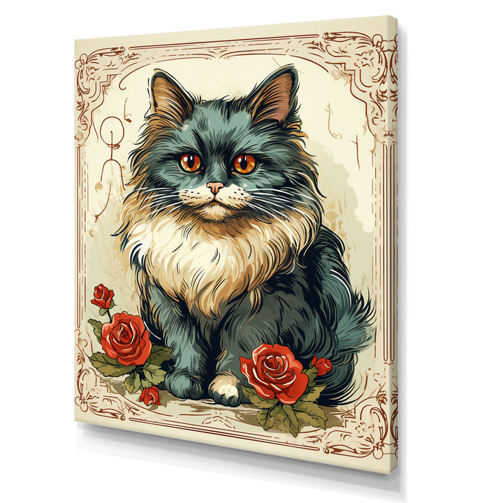 Blue Cat With Red Roses Vintage Illustration - Cat Canvas Wall Art